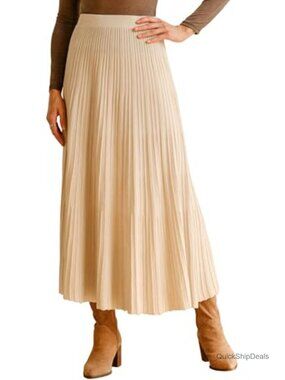 Wool Blend A-Line Pleated Flowy Calf-Length Skirt High Rise Elastic Waist